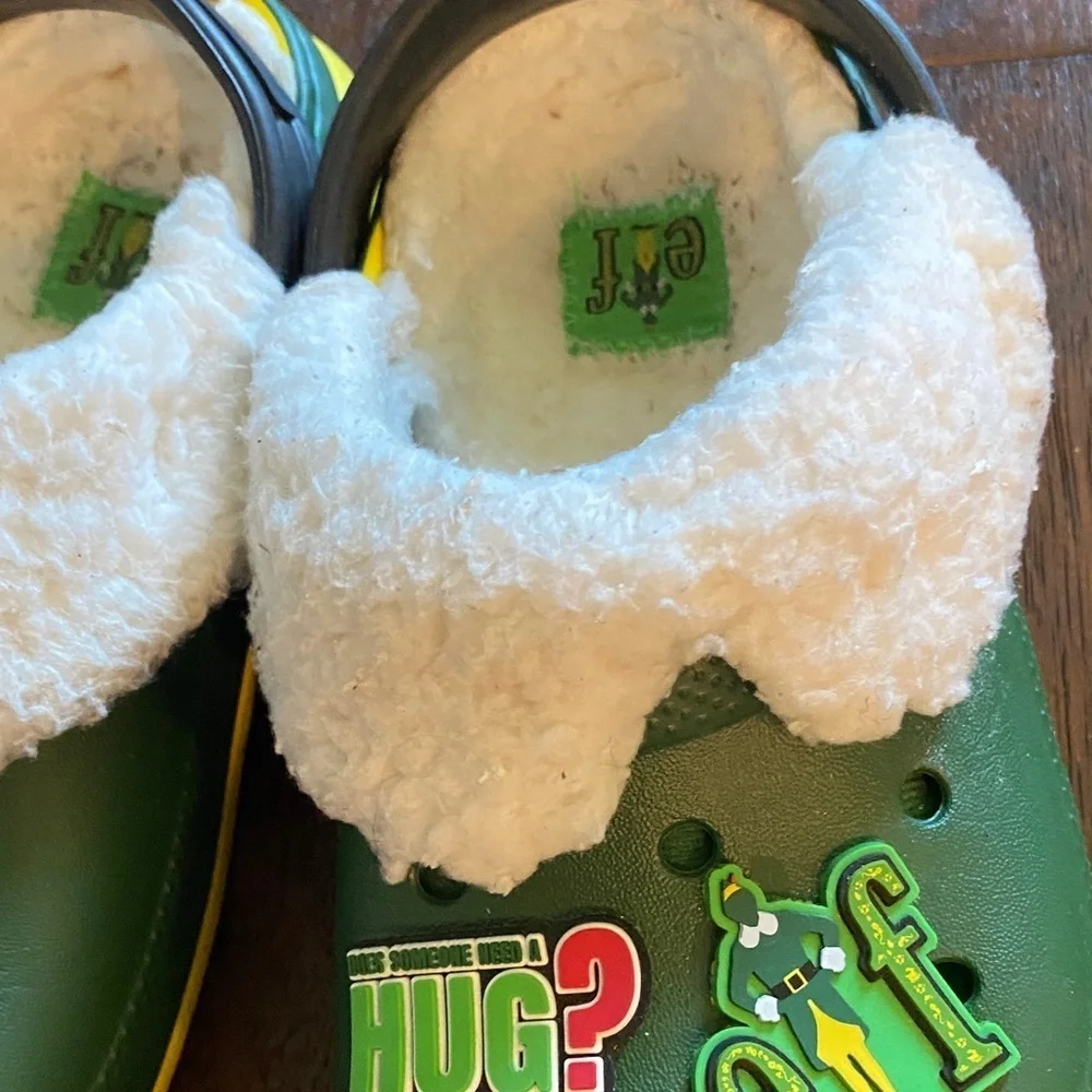 CROCS buddy the Elf Kids Slippers in Green with White Trim and Fun Design